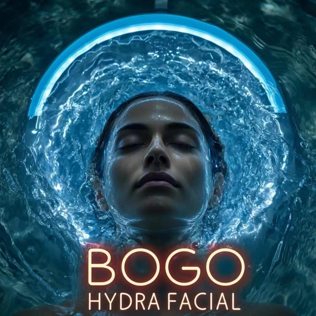 Close-up of a serene woman's face surrounded by intensely blue, bubbling water and a glowing neon blue arch, visually representing deep hydration. The text "BOGO HYDRA FACIAL" is superimposed in glowing red and white font to advertise a Buy One Get One offer at Beverly Wilshire Aesthetics.