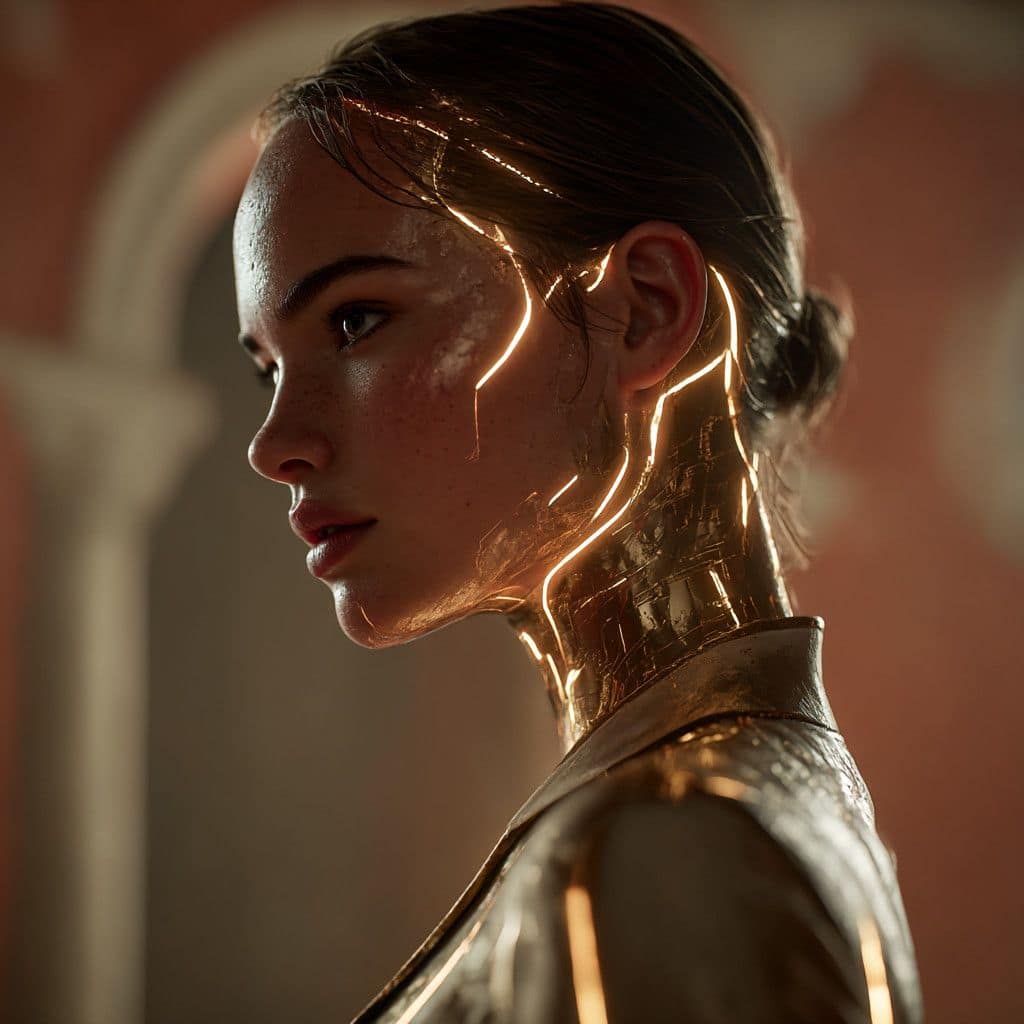 High-fashion visual of a woman with golden light blueprint lines on her skin, symbolizing personalized aesthetic journeys.