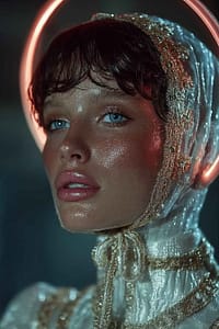 Model for Beverly Wilshire Aesthetics adorned in couture hooded garment featuring a Halo attached. Stylized imaginative portrait of IPL Photofacial through avant Gard fashion.