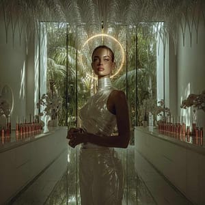 Elegant woman in white futuristic jumpsuit under neon ring in luxury Beverly Hills medspa or lab, tropical view.