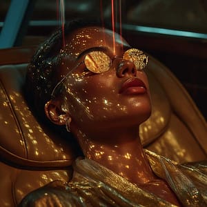 Highly stylized close-up of a woman receiving Lumecca IPL Photofacial, with intense light beams, gold sunglasses, and a futuristic, luxurious aesthetic, representing skin rejuvenation and light discipline.