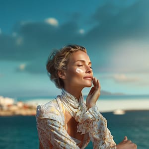 A woman at a coastal location applying a dab of white sunscreen to her cheek while basking in soft sunlight.