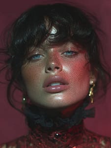 Highly stylized portrait of a woman with radiant, freckled skin wearing red sunglasses and a gold halo, representing the luxury Vampire Facial experience in Beverly Hills.