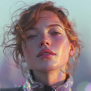 Close-up of a model with iridescent, glowing skin at Beverly Wilshire Aesthetics in Beverly Hills. The shimmering light effect represents the protective antioxidant barrier of a Halo HydraFacial™ against urban pollution and smog.