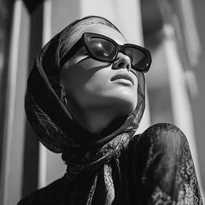 A high-fashion black and white close-up of a woman wearing dark sunglasses and a protective silk headscarf, symbolizing elite sun protection.