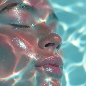 Close-up of a woman's face underwater with sun-dappled light patterns (caustics) dancing across her skin and lips.
