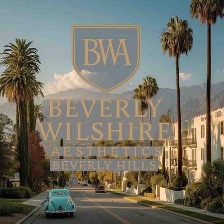 Beverly Wilshire Aesthetics Beverly Hills Medical Spa logo overlay on a classic Beverly Hills street lined with palm trees and mountains in the distance.