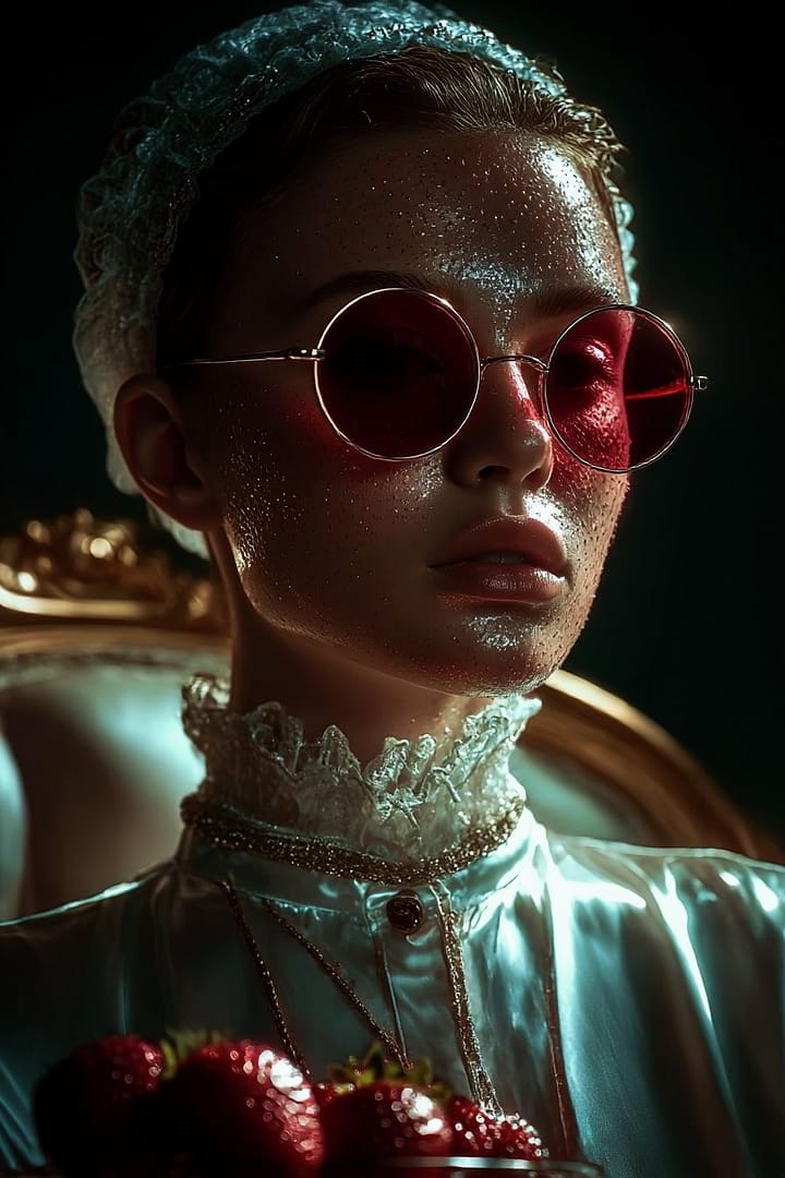 Microneedling Beverly Hills aesthetic portrait, high-fashion woman with glowing skin and red sunglasses.