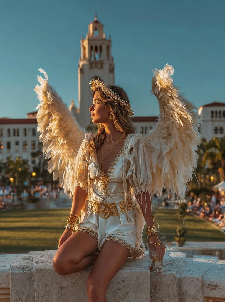 A woman with ethereal angel wings and a golden crown sits before the glowing tower of Beverly Hills City Hall, showcasing the luminous skin results of a Vampire Facial.