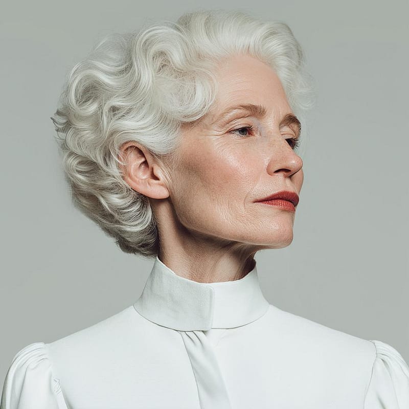 High-key profile portrait of a mature woman with light skin tone and white hair, highlighting visible neck laxity, horizontal rhytids (neck lines), and skin texture on the jawline and submental area.