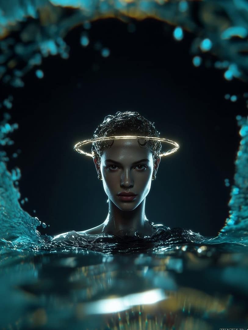 HydraFacial Beverly Hills treatment for glowing, hydrated skin. Digital art of a woman emerging from water with a bright, ethereal glow and water halo, symbolizing deep hydration and skin purity.