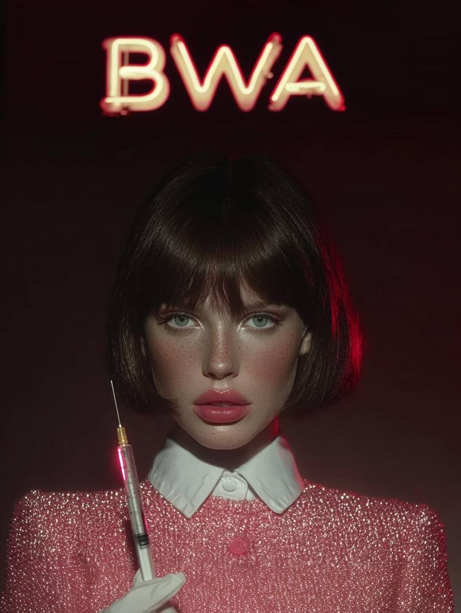High-fashion portrait of a woman with enhanced, rosy lips and a short bob holding a syringe. The letters "BWA" glow in neon above her. Image is optimized for Lip Filler Injections in Beverly Hills and Beverly Wilshire Aesthetics.