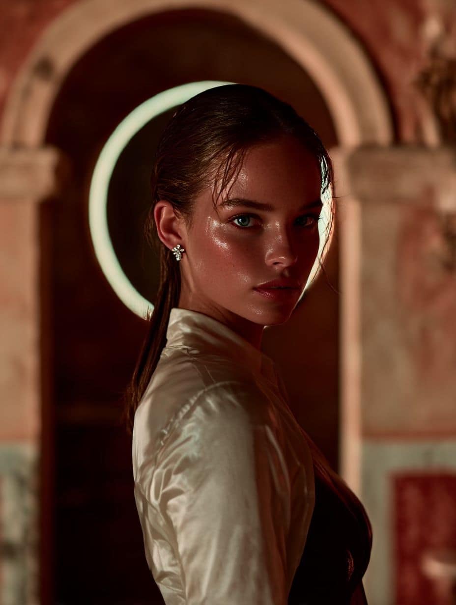 Beverly Hills Medical Aesthetics Model with Glowing Skin, Halo Effect, and High-End Styling.